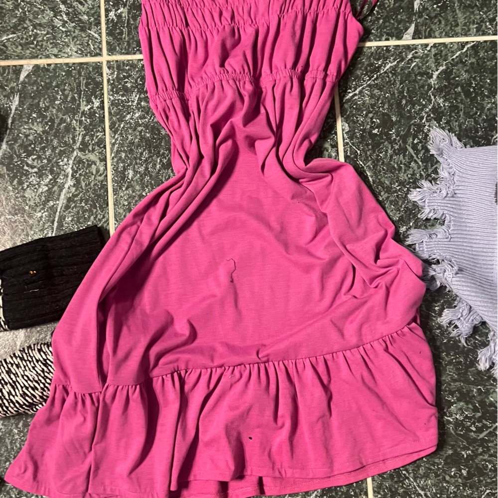 pink dress scrinch off the shoulder top